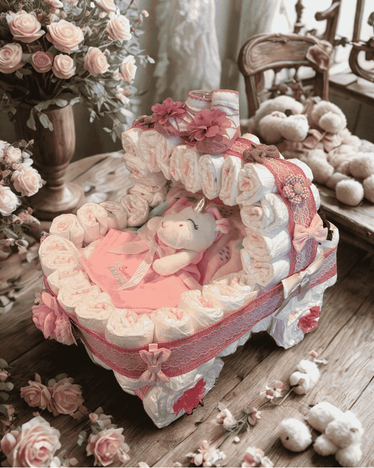 Diaper cake shaped like a baby carriage with flowers, blanket, stuffed animal and other hair accessories.