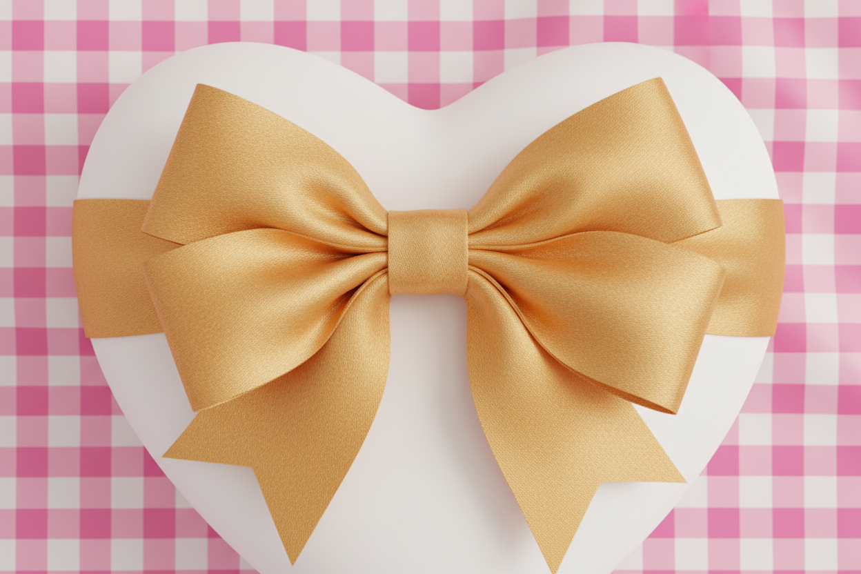 gold satin bow on white heart with pink gingham animated back drop